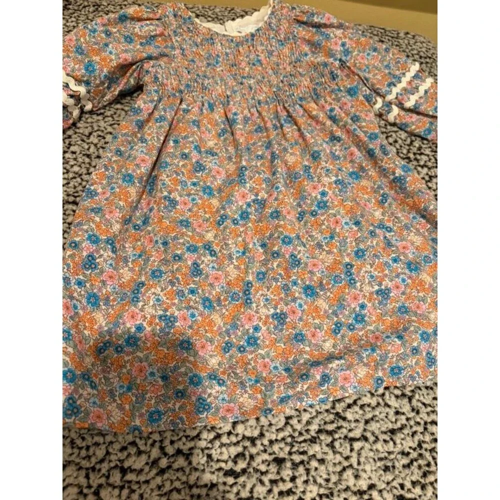 ZARA Floral Smocked Dress 4 years Blue Orange Puff Sleeve Cottagecore Boho Mini